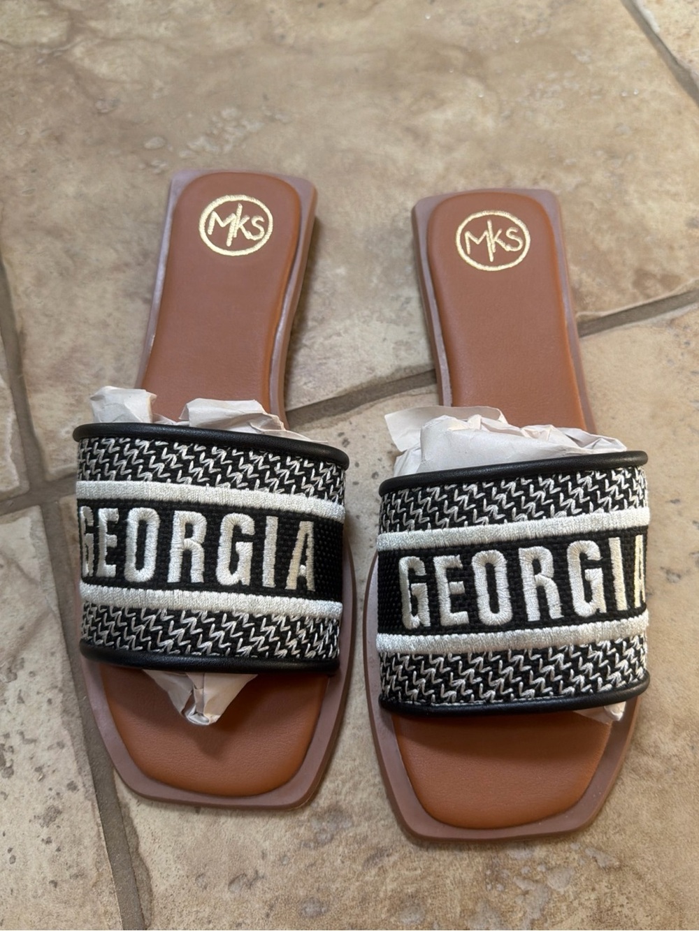 MKS Bobbie Game Day Georgia Black Embroidered Slide Sandals Womens 9 EU 39 NIB